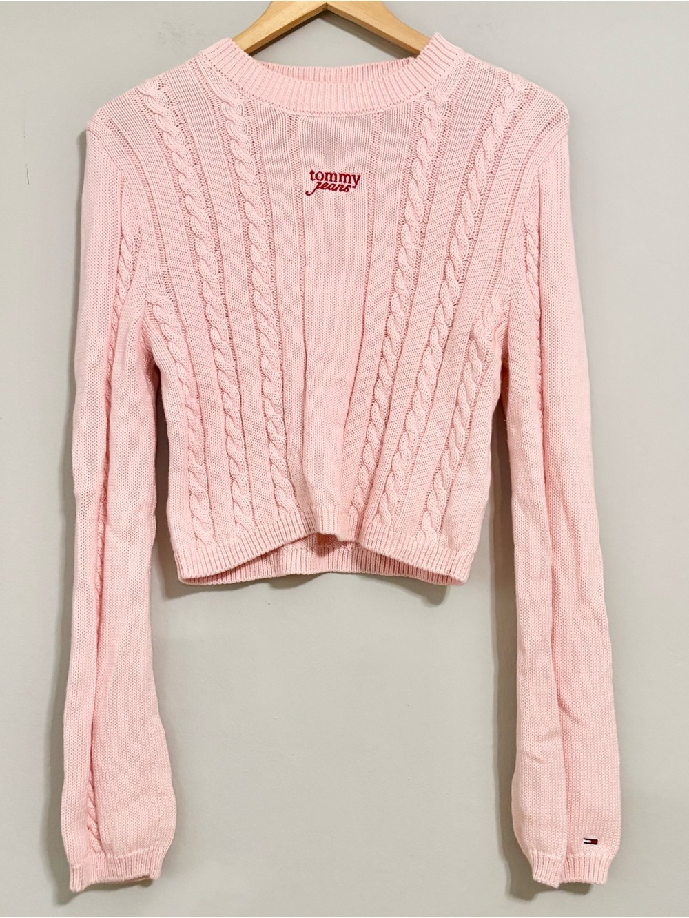 New Tommy Hilfiger 100% Cotton Baby Pink Cropped Knit Sweater